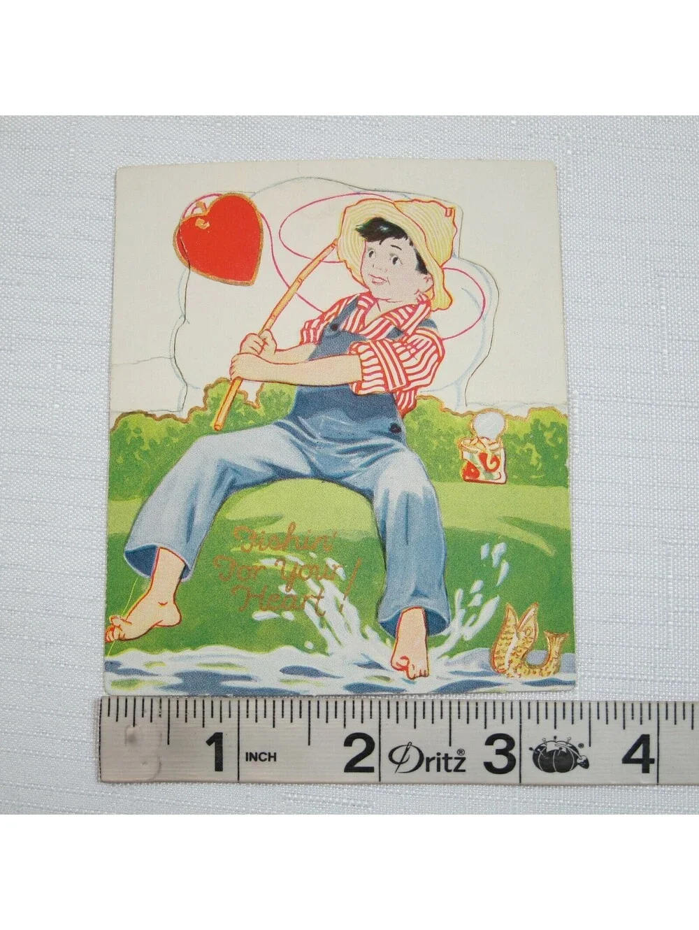 Vintage Valentine 1929 Stand Up Boy Fishing For Heart American Colortype Co USA